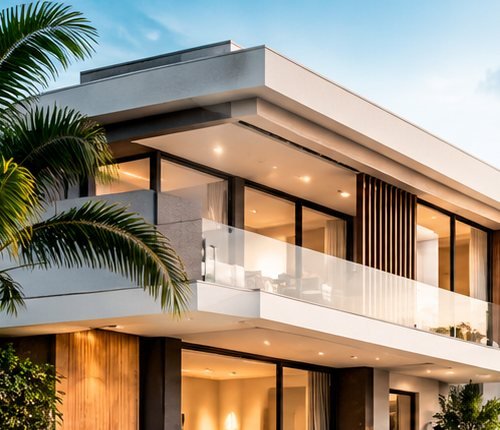 Vivienda contemporánea con palmas y sala iluminada