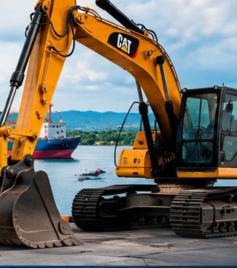 Excavadora en el puerto, con el golfo de fondo